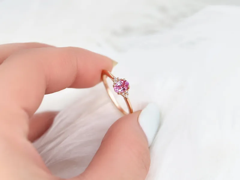 Ready to Ship Juniper 6x4mm 14kt Rose Gold Pink Sapphire Diamonds Dainty Oval Cluster Ring view 5