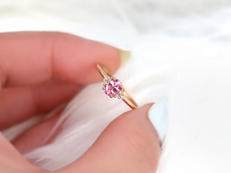 Ready to Ship Juniper 6x4mm 14kt Rose Gold Pink Sapphire Diamonds Dainty Oval Cluster Ring view 4