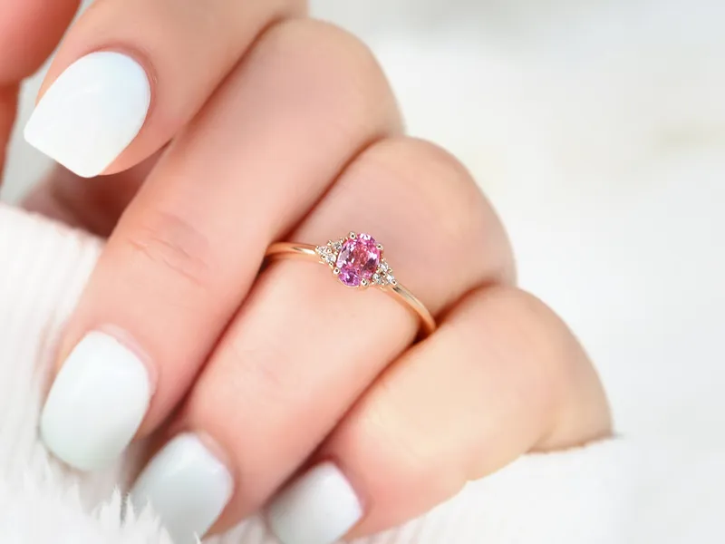 Ready to Ship Juniper 6x4mm 14kt Rose Gold Pink Sapphire Diamonds Dainty Oval Cluster Ring view 8
