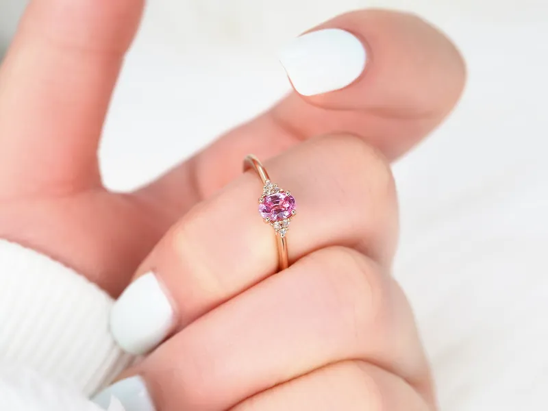 Ready to Ship Juniper 6x4mm 14kt Rose Gold Pink Sapphire Diamonds Dainty Oval Cluster Ring view 3