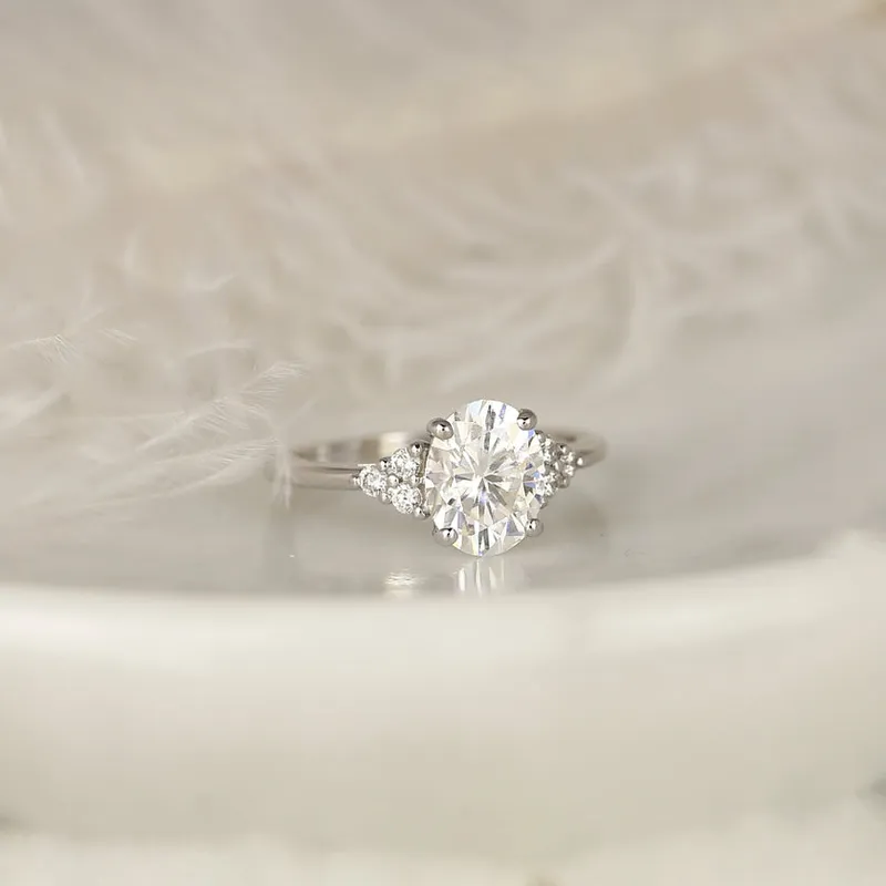 2ct Juniper 9x7mm 14kt Gold Moissanite Diamond Three Stone Oval Cluster Ring vy 3