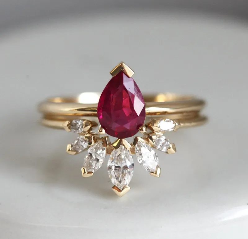 Korina Natural Pear Ruby Engagement Set With Diamond Crown Ring ruby pear cut engagement ring