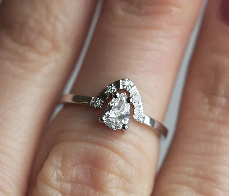 Kelsey Dainty Diamond Engagement Ring With Curved Diamond Band diamond pear cut engagement ring