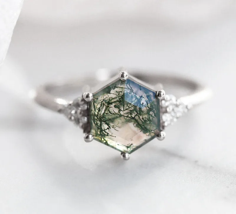 Klara Hexagon Moss Agate Ring With Diamonds view 10