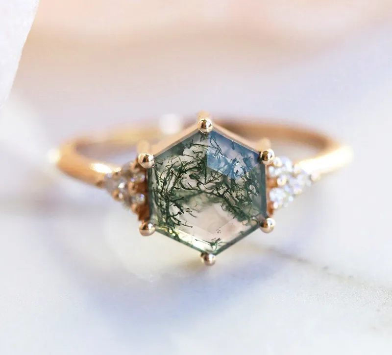 Klara Hexagon Moss Agate Ring With Diamonds view 11