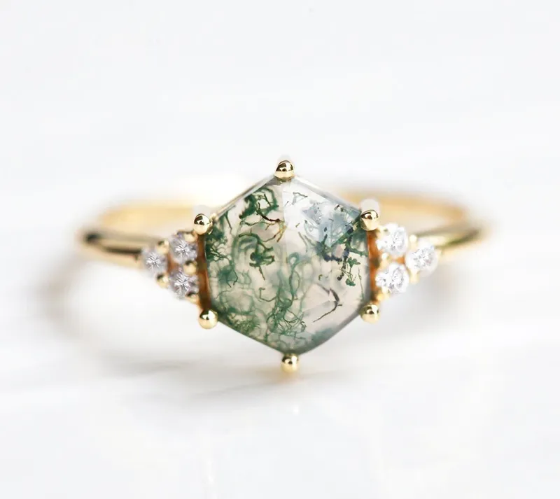 Klara Hexagon Moss Agate Ring With Diamonds view 3