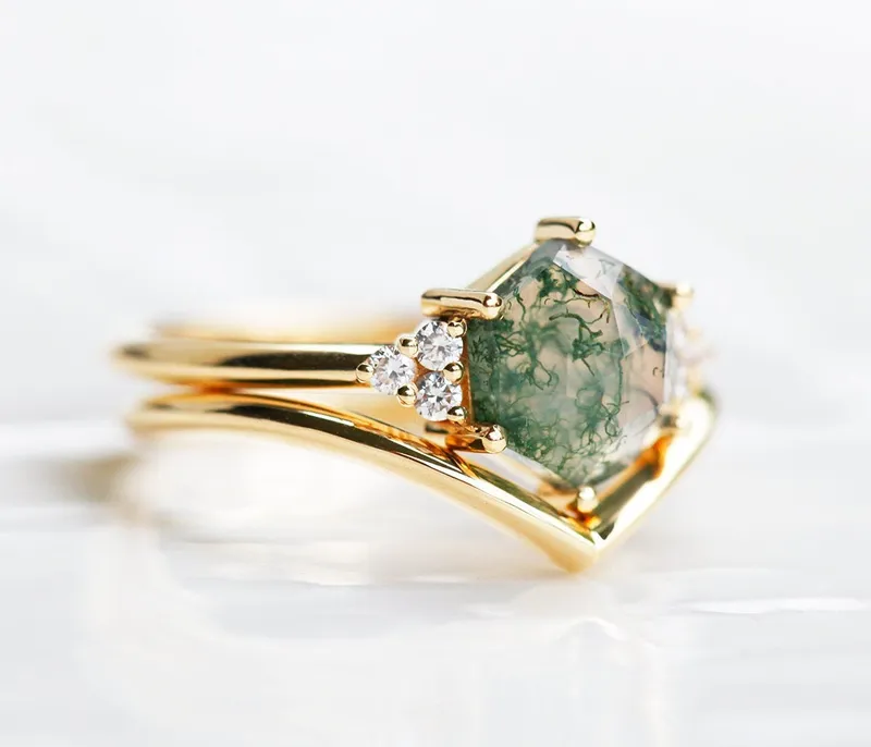 Klara Hexagon Moss Agate Ring With Diamonds view 4