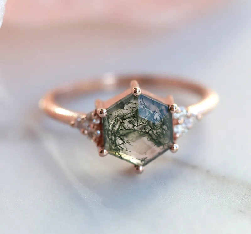 Klara Hexagon Moss Agate Ring With Diamonds view 5
