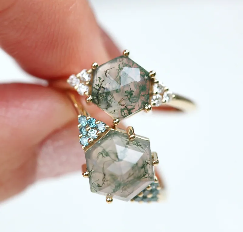 Klara Hexagon Moss Agate Ring With Diamonds view 6