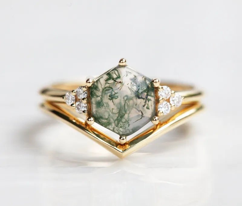Klara Hexagon Moss Agate Ring With Diamonds view 7