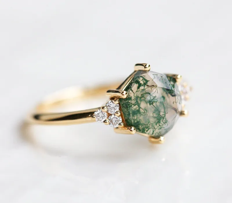 Klara Hexagon Moss Agate Ring With Diamonds view 8