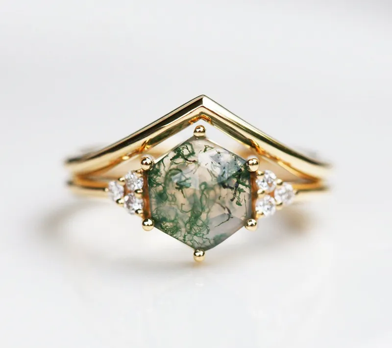 Klara Hexagon Moss Agate Ring With Diamonds view 9