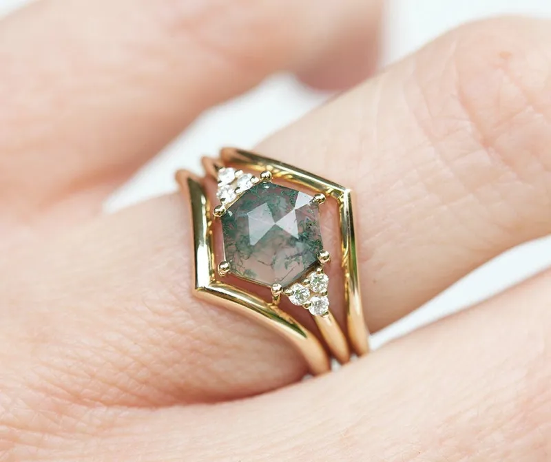 Klara Hexagon Moss Agate Ring With Diamonds vy 2