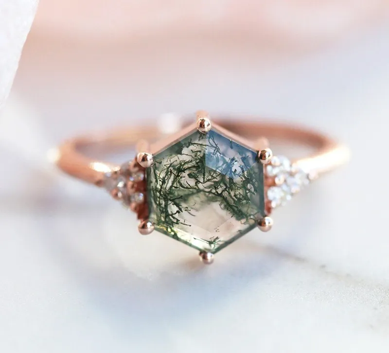 Klara Hexagon Moss Agate Ring With Diamonds vy 4