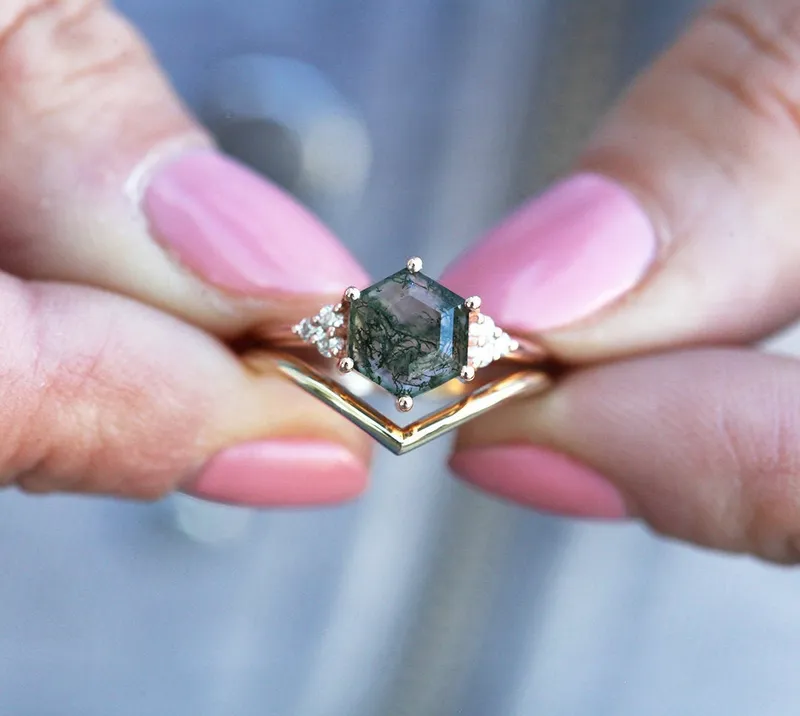 Klara Hexagon Moss Agate Ring With Diamonds vy 6