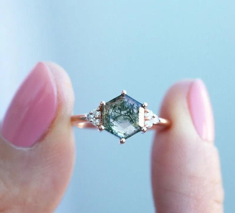 Klara Hexagon Moss Agate Ring With Diamonds vy 8