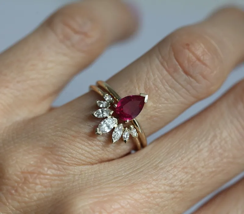 Korina Natural Pear Ruby Engagement Set With Diamond Crown Ring view 10
