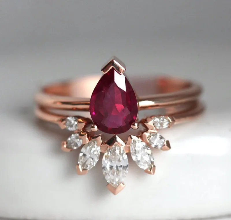 Korina Natural Pear Ruby Engagement Set With Diamond Crown Ring view 11