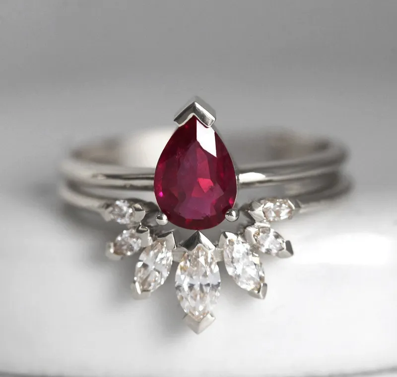 Korina Natural Pear Ruby Engagement Set With Diamond Crown Ring view 12