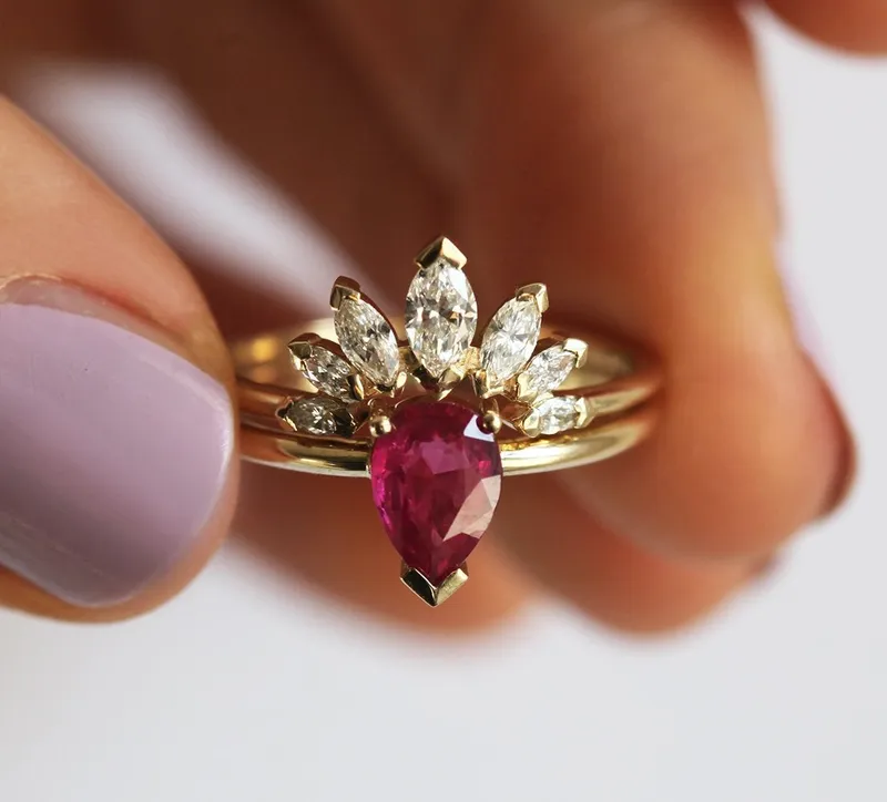 Korina Natural Pear Ruby Engagement Set With Diamond Crown Ring view 2