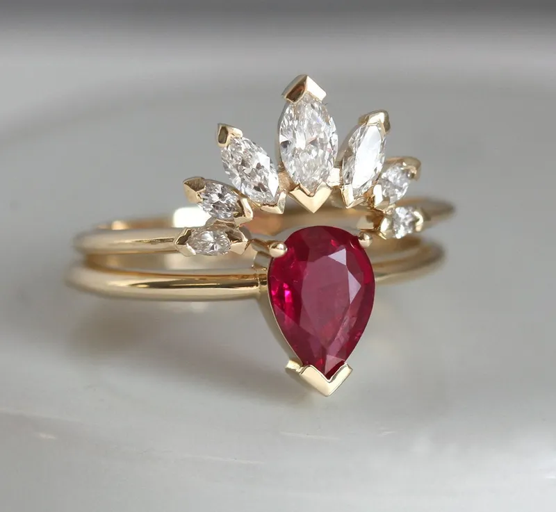 Korina Natural Pear Ruby Engagement Set With Diamond Crown Ring view 3