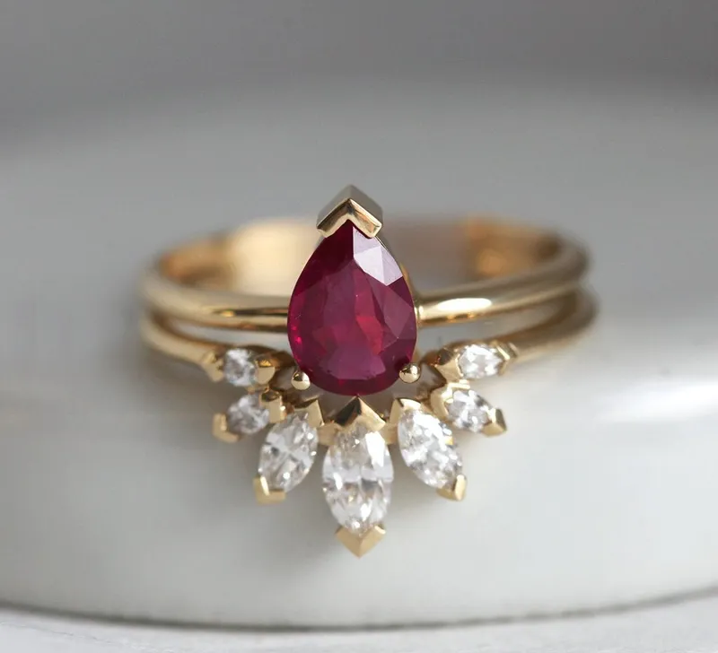 Korina Natural Pear Ruby Engagement Set With Diamond Crown Ring view 4