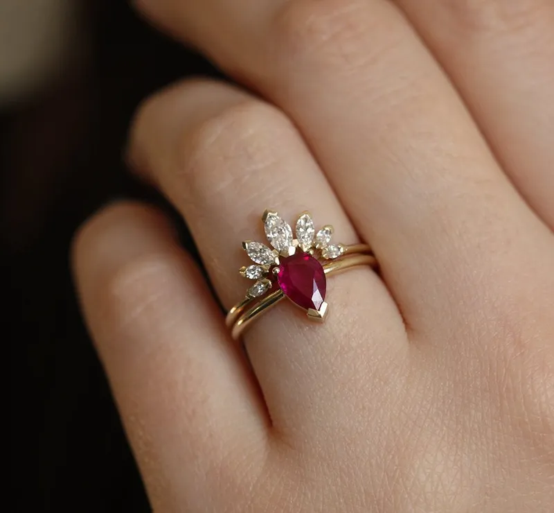 Korina Natural Pear Ruby Engagement Set With Diamond Crown Ring view 5
