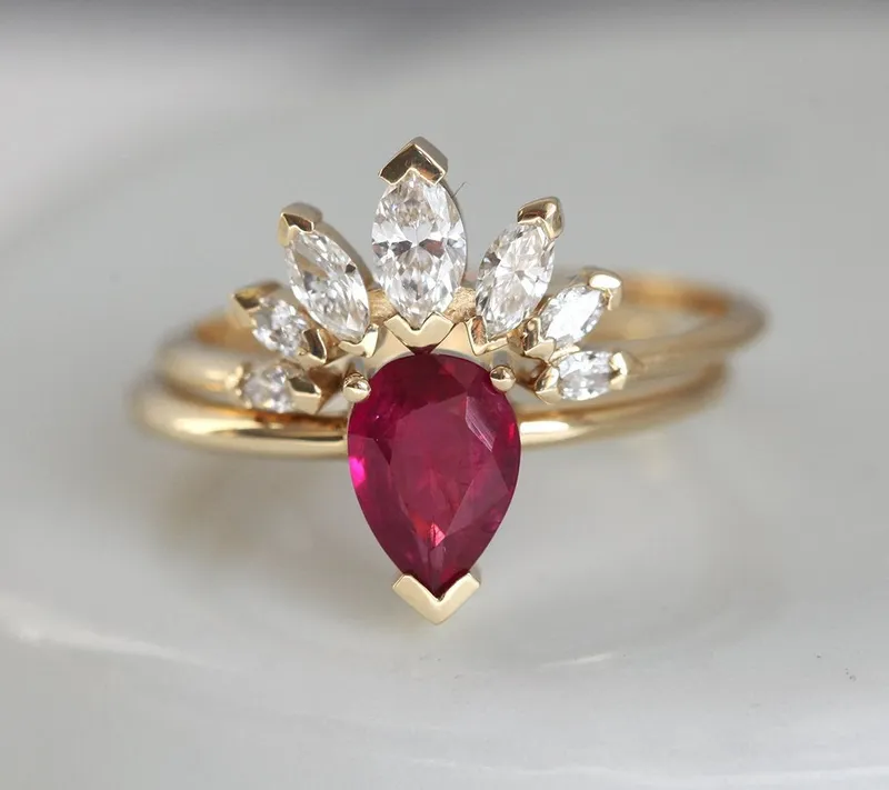 Korina Natural Pear Ruby Engagement Set With Diamond Crown Ring view 6