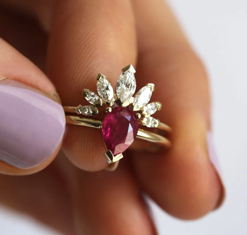 Korina Natural Pear Ruby Engagement Set With Diamond Crown Ring view 7