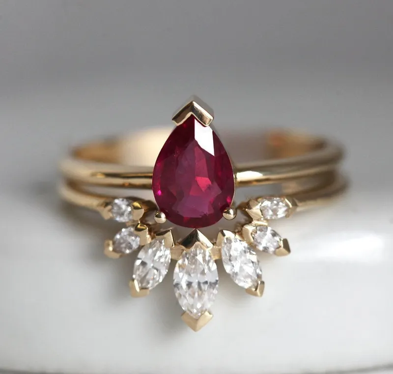 Korina Natural Pear Ruby Engagement Set With Diamond Crown Ring view 8