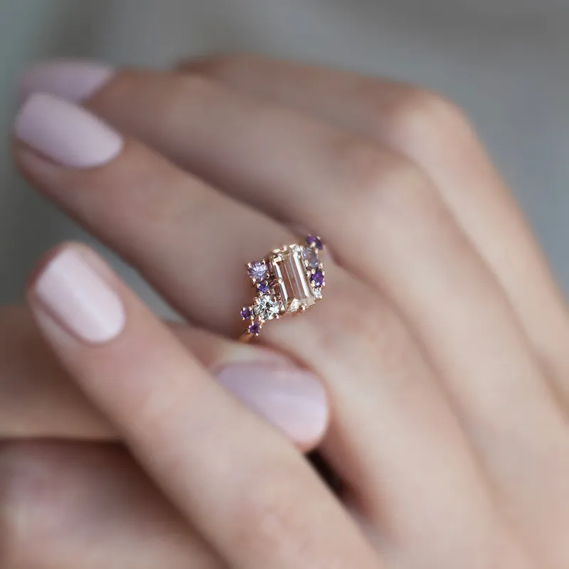 Lila Baguette Morganite Cluster Ring view 2