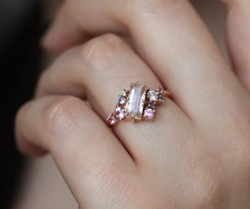 Lila Baguette Morganite Cluster Ring view 4