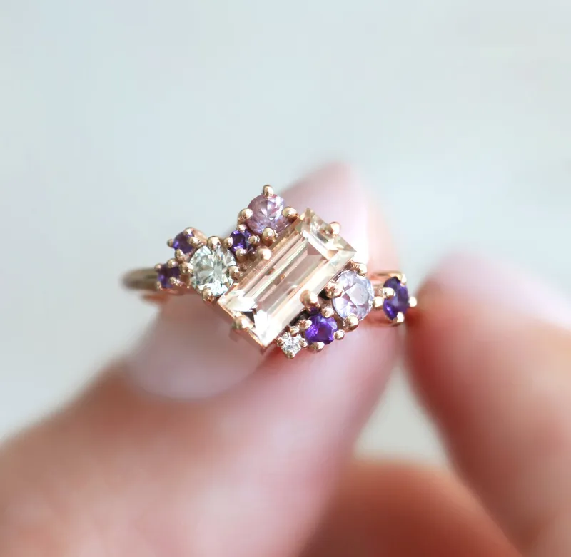 Lila Baguette Morganite Cluster Ring pink engagement ring