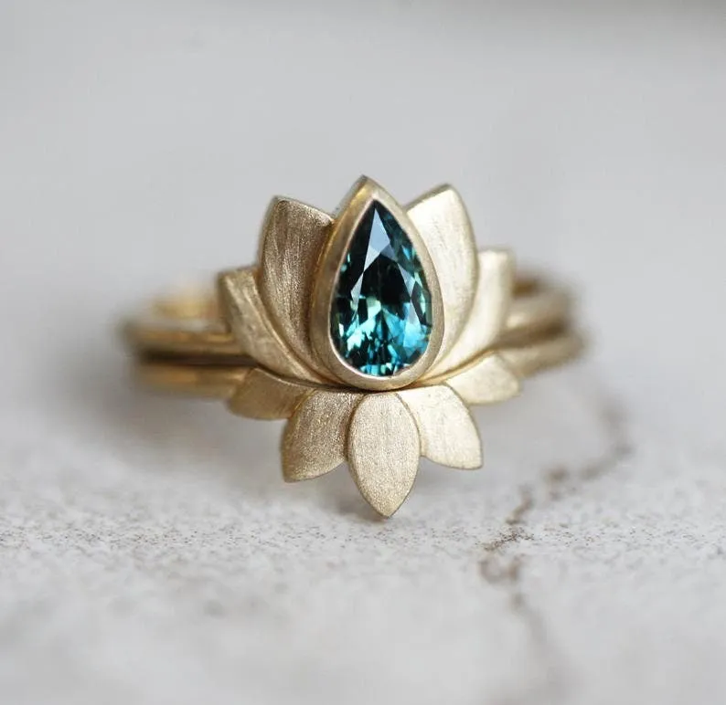 LAKSHMI TEAL PEAR SAPPHIRE RING SET, PEAR BLUE SAPPHIRE ENGAGEMENT RING SET, SAPPHIRE WEDDING RING SET, LOTUS RING view 2