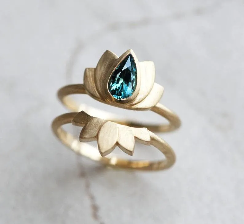 LAKSHMI TEAL PEAR SAPPHIRE RING SET, PEAR BLUE SAPPHIRE ENGAGEMENT RING SET, SAPPHIRE WEDDING RING SET, LOTUS RING view 3