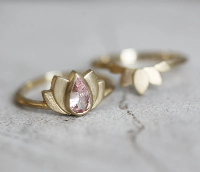 LAKSHMI TEAL PEAR SAPPHIRE RING SET, PEAR BLUE SAPPHIRE ENGAGEMENT RING SET, SAPPHIRE WEDDING RING SET, LOTUS RING view 9