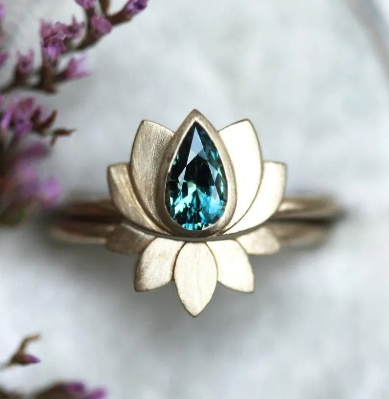LAKSHMI TEAL PEAR SAPPHIRE RING SET, PEAR BLUE SAPPHIRE ENGAGEMENT RING SET, SAPPHIRE WEDDING RING SET, LOTUS RING sapphire pear cut engagement ring