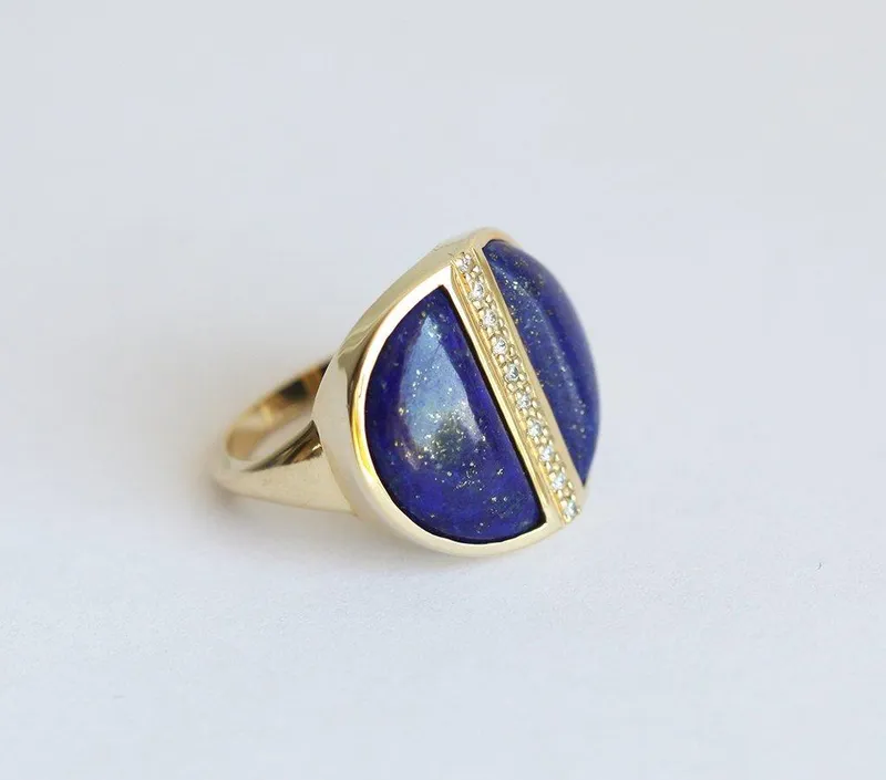 Lapis Lazuli Diamond Ring, Gold Boho Half Moon Ring view 2