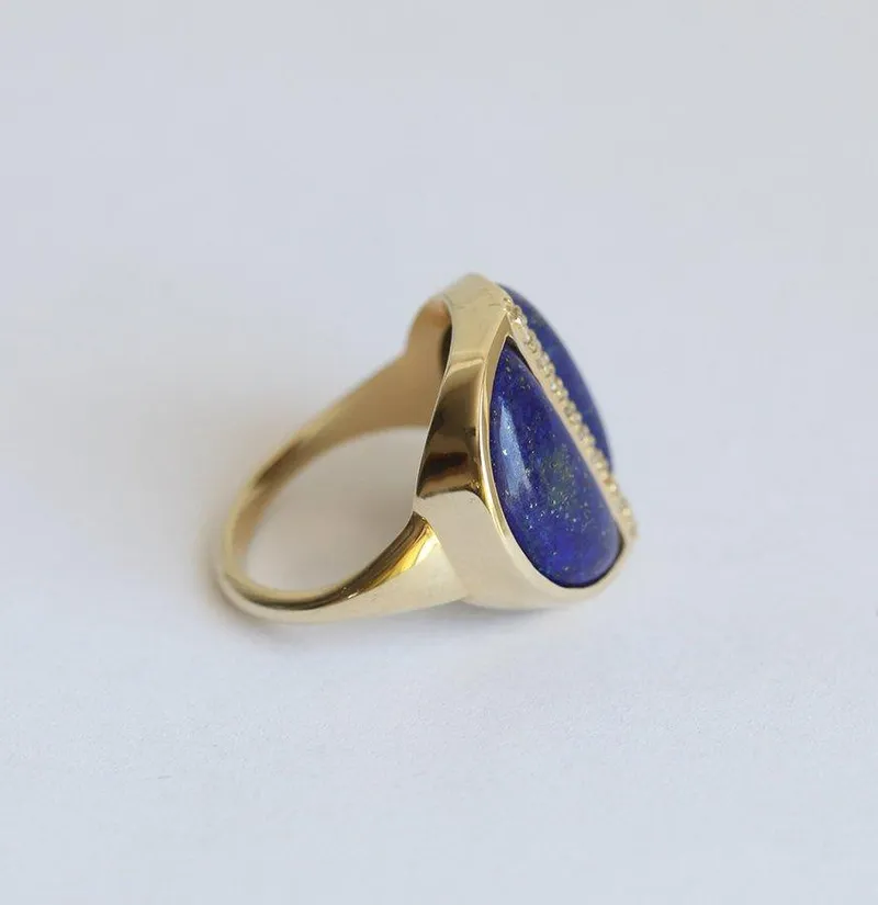 Lapis Lazuli Diamond Ring, Gold Boho Half Moon Ring view 3
