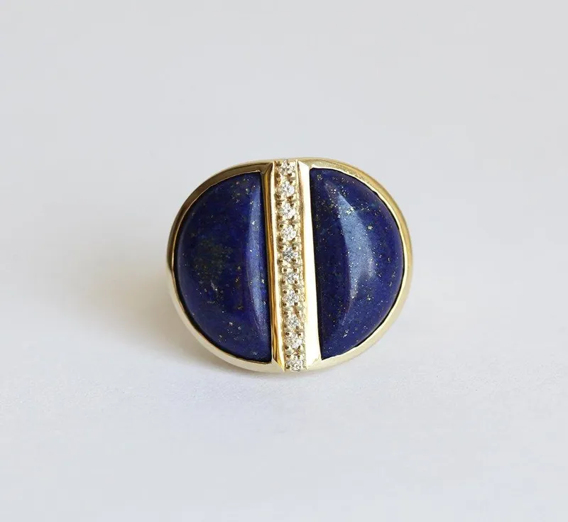 Lapis Lazuli Diamond Ring, Gold Boho Half Moon Ring view 4