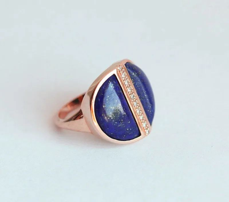 Lapis Lazuli Diamond Ring, Gold Boho Half Moon Ring view 5