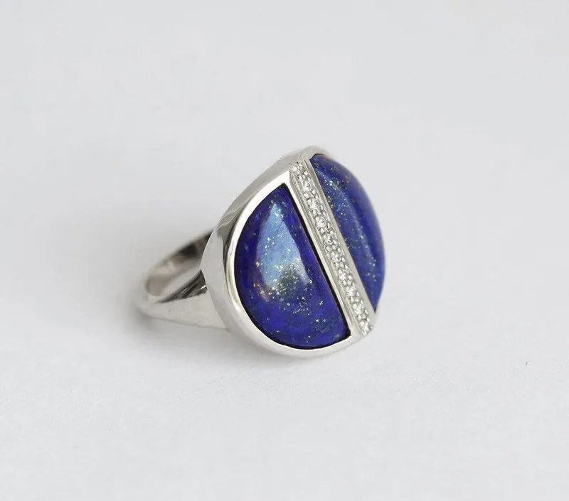Lapis Lazuli Diamond Ring, Gold Boho Half Moon Ring view 6