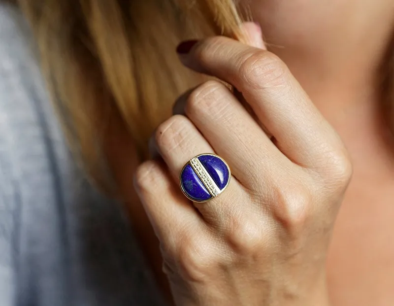 Lapis Lazuli Diamond Ring, Gold Boho Half Moon Ring blue engagement ring