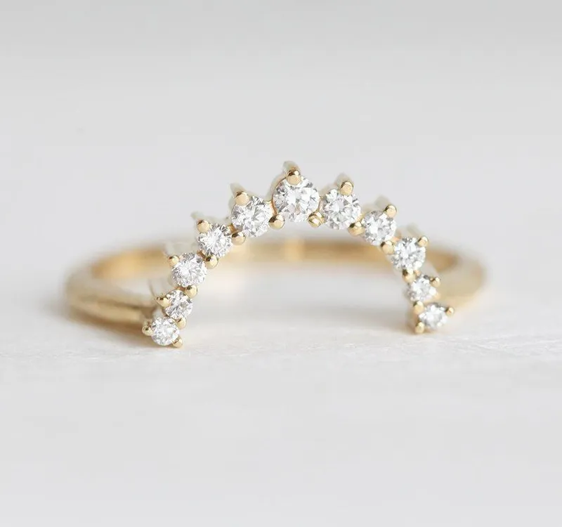 Large Diamond Crown Ring, Curved Diamond Band round cut engagement ring