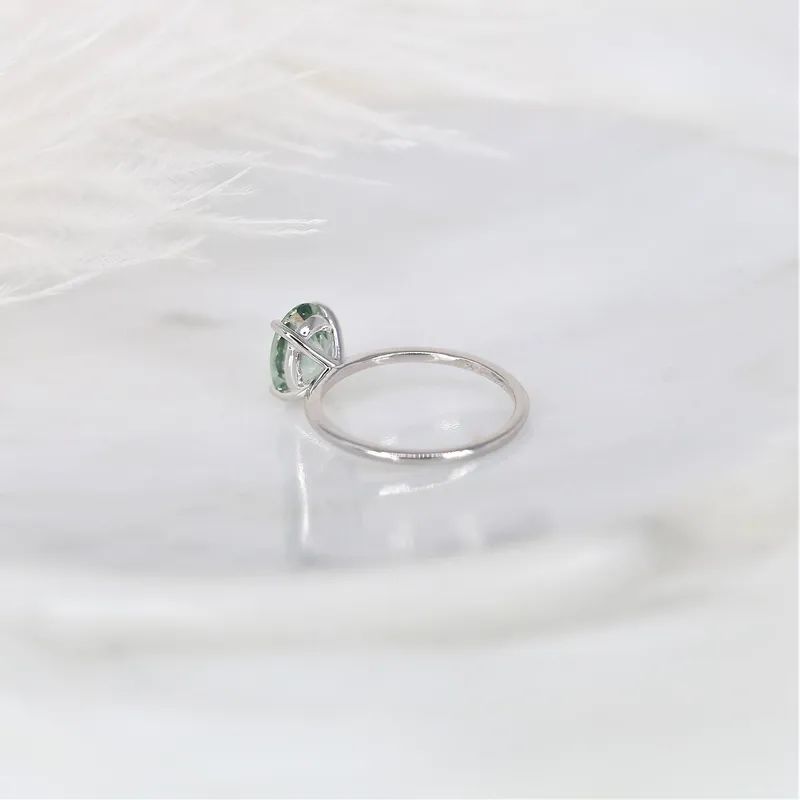 2.45ct Ready to Ship Layla 14kt White Gold Winter Mint Teal Sapphire Dainty Oval Solitaire Ring view 4