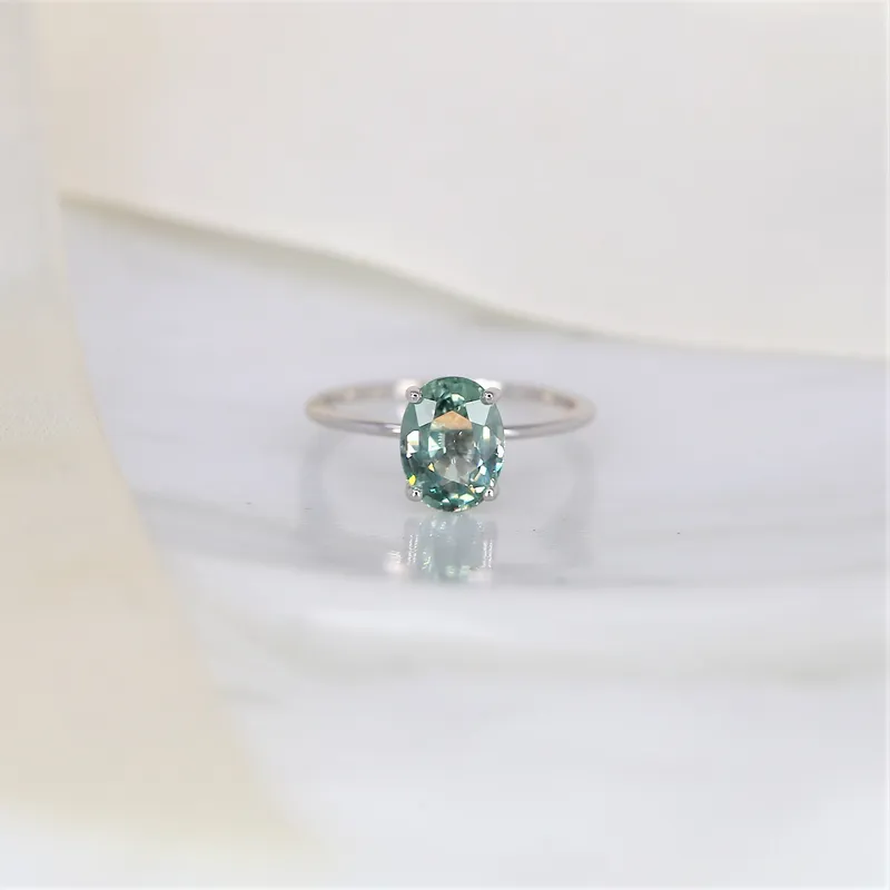 2.45ct Ready to Ship Layla 14kt White Gold Winter Mint Teal Sapphire Dainty Oval Solitaire Ring view 6