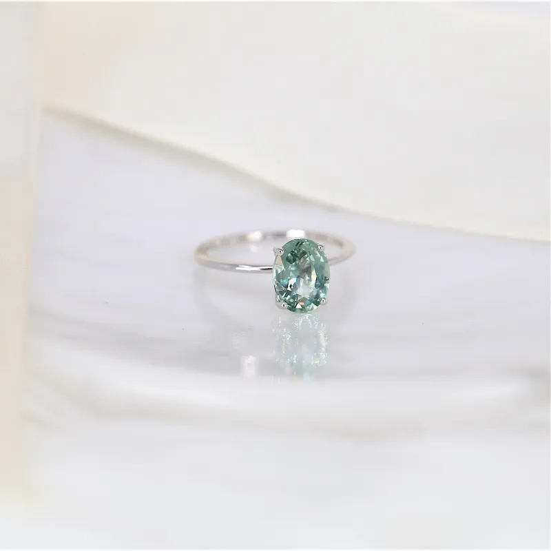 2.45ct Ready to Ship Layla 14kt White Gold Winter Mint Teal Sapphire Dainty Oval Solitaire Ring view 5