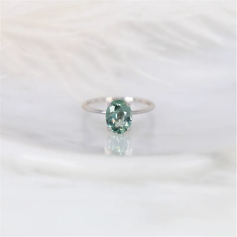2.45ct Ready to Ship Layla 14kt White Gold Winter Mint Teal Sapphire Dainty Oval Solitaire Ring view 3