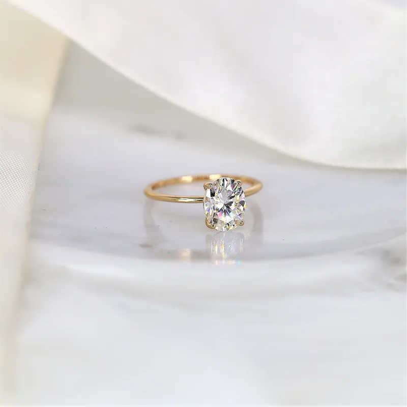 2ct Layla 9x7mm 14kt Gold Moissanite Ultra Dainty Oval Solitaire Ring view 4