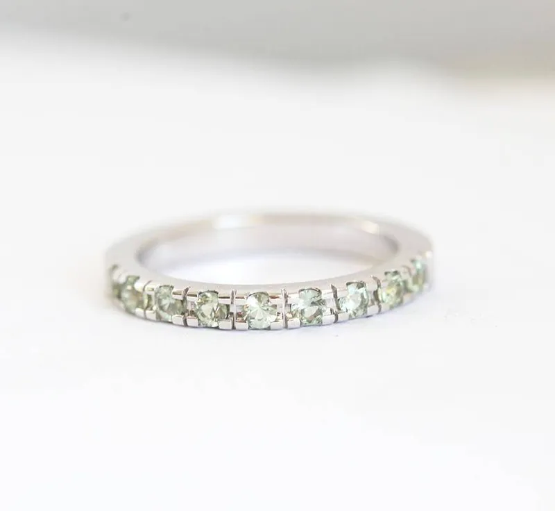 LIGHT GREEN SAPPHIRE RING, WHITE GOLD WEDDING BAND view 2